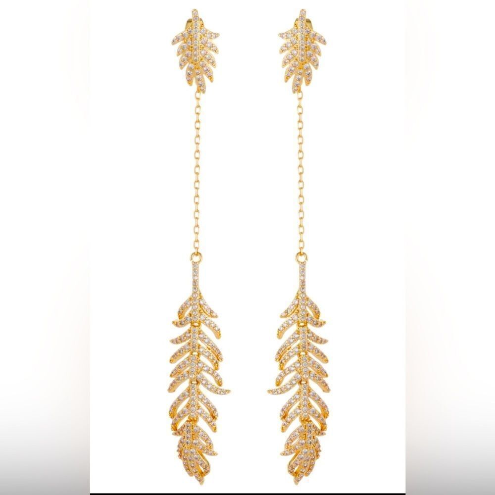 Floating feather chandelier earrings in gold tone with crystal